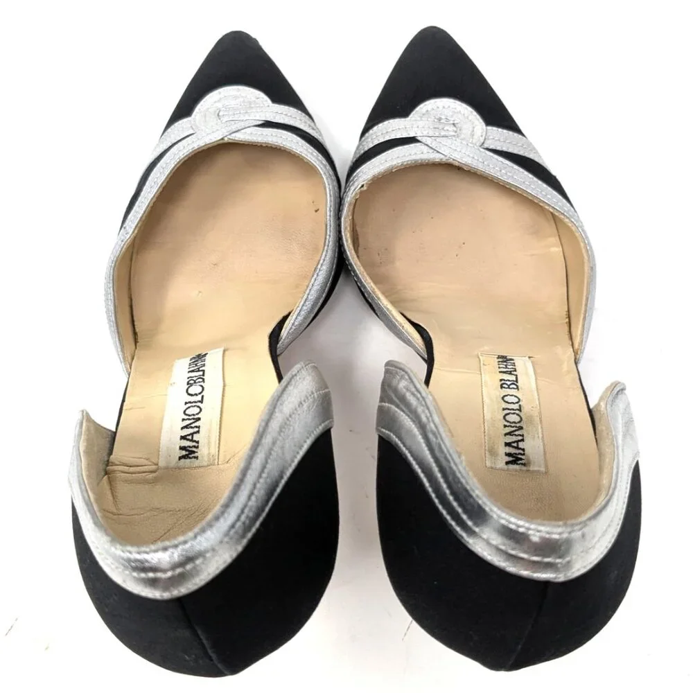 SOLDManolo Blahnik D'Orsay Pumps Black Fabric Silver Heels VTG 80s Sz 36, 6 US - Picture 13 of 16